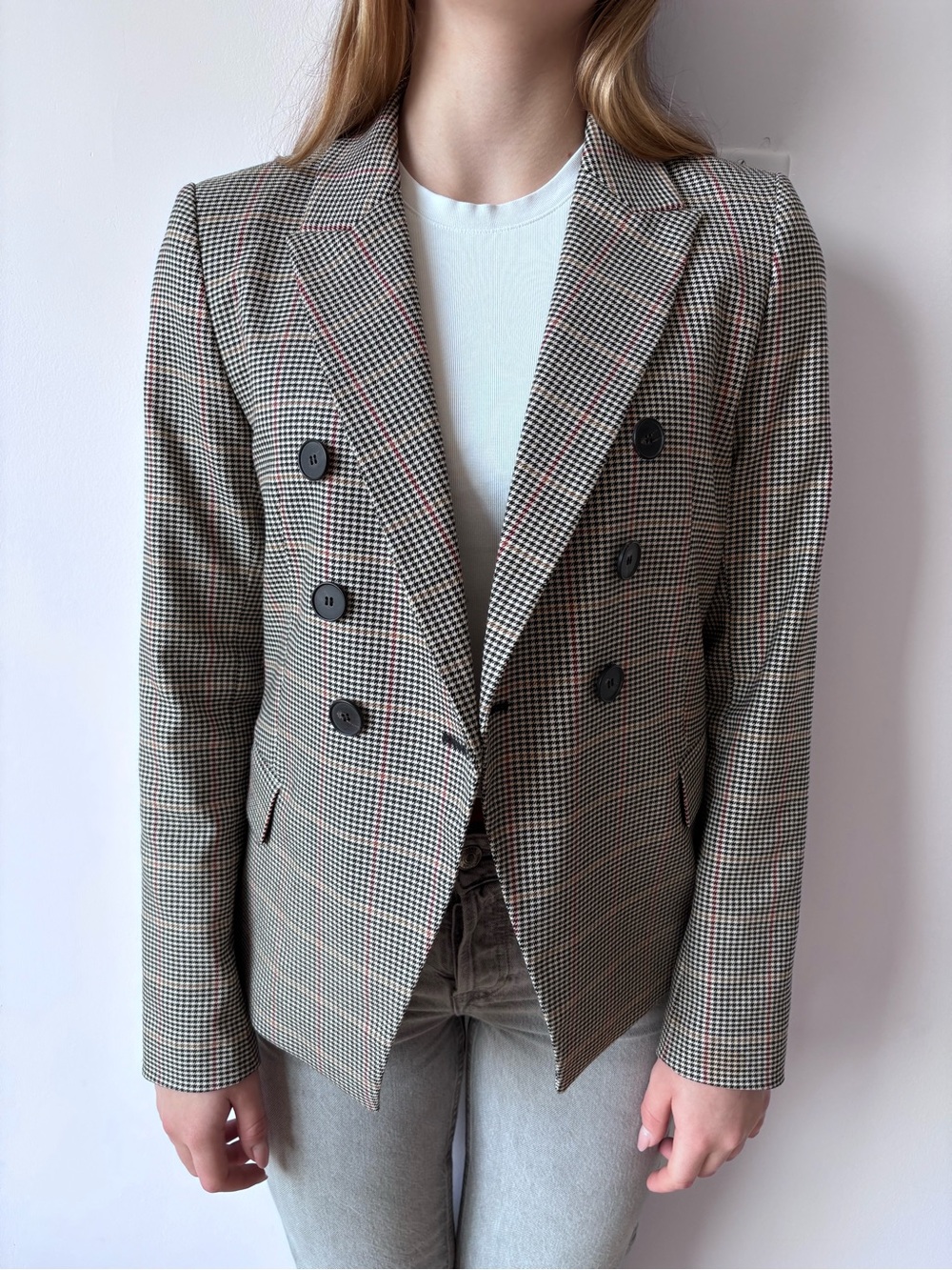 Double-Breasted Glen Plaid Blazer in Tan and Black